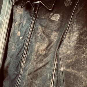 Andrew Marc Black Leather Bomber Jacket with Distressed Highlights